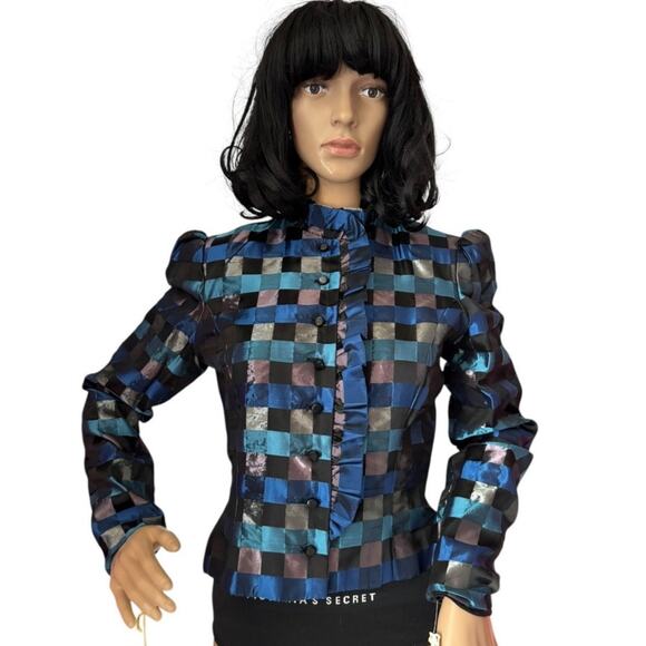NWT Vintage Partique Inc Dorothy Farinae Blue Check Taffeta Jacket size small - Picture 1 of 14